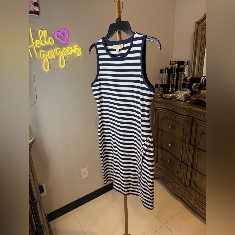 Michael Kors Blue and White Sheath Dress Sleeveless Crew Neck